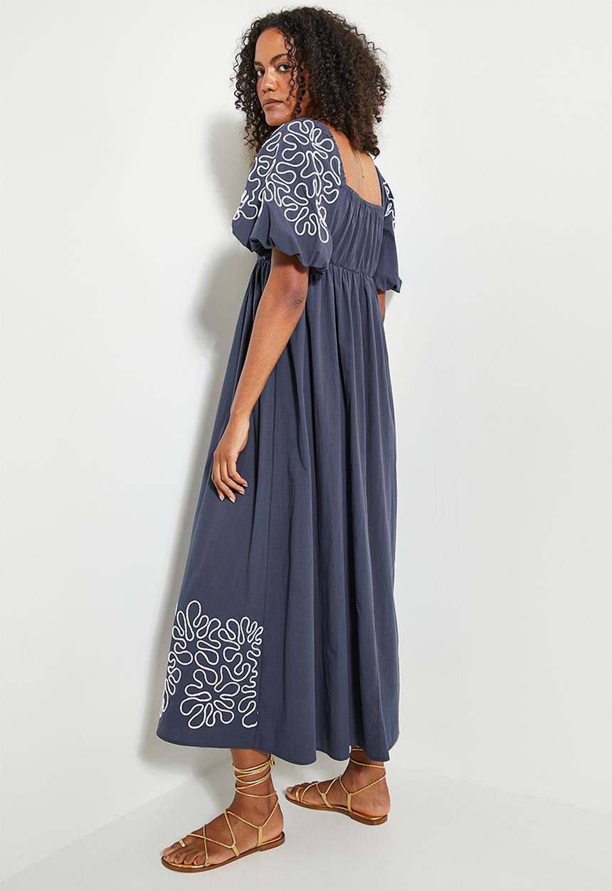 edit - Square neck puff sleeve fit & flare dress - navy