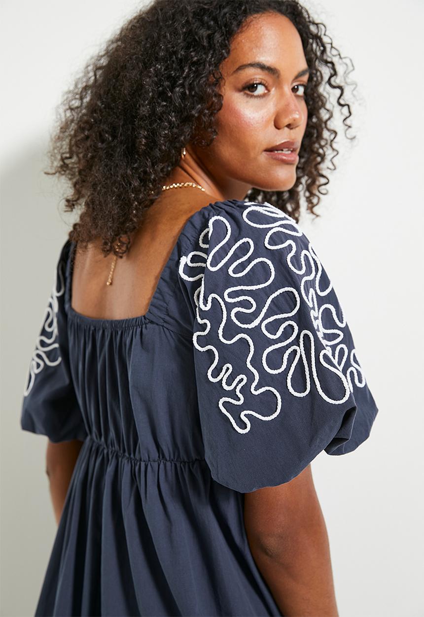 edit - Square neck puff sleeve fit & flare dress - navy