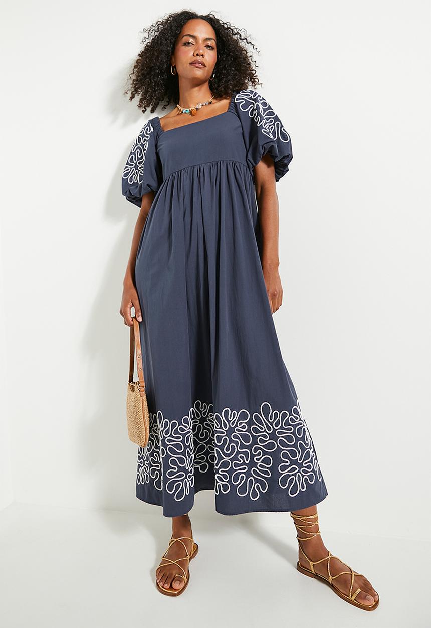 edit - Square neck puff sleeve fit & flare dress - navy
