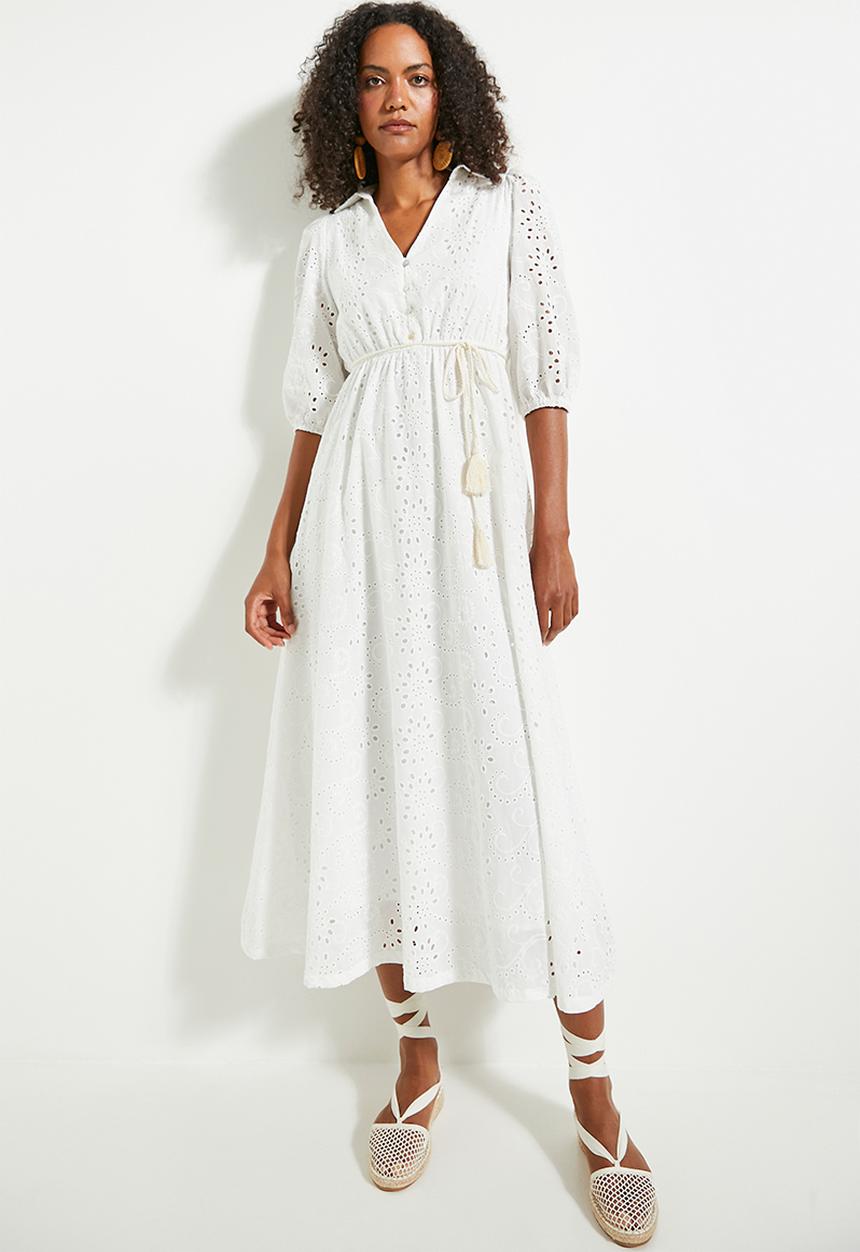 edit - Button thru anglaise shirt dress with belt - ivory