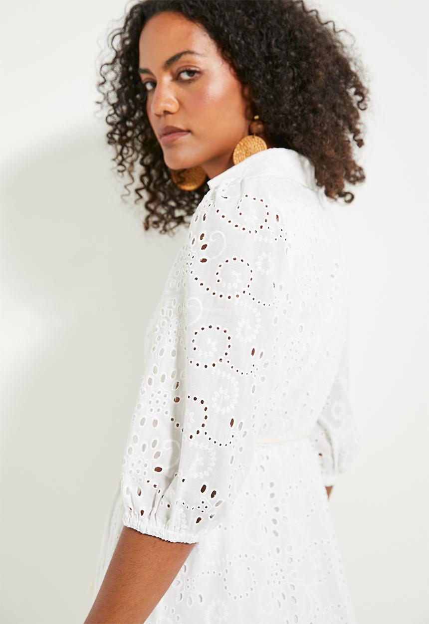 edit - Button thru anglaise shirt dress with belt - ivory