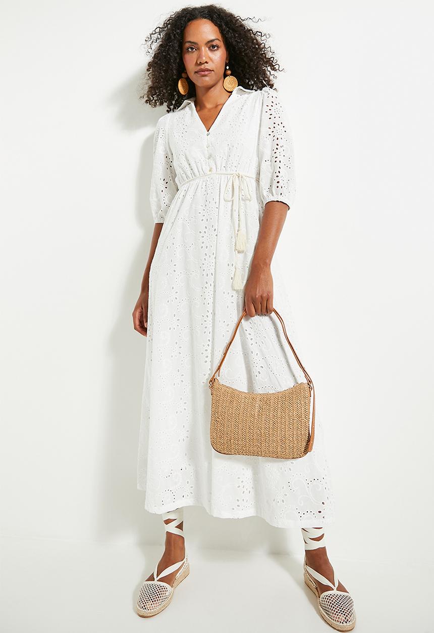 edit - Button thru anglaise shirt dress with belt - ivory