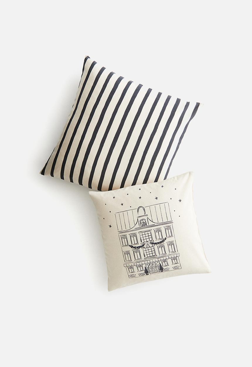 H&M - 2 Pack cotton cushion covers - light beige/house