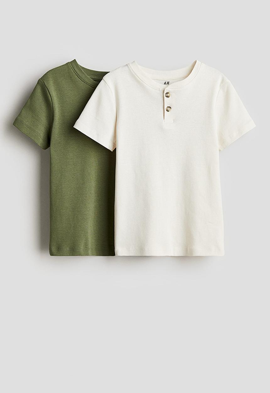 H&M - 2-pack henley T-shirts - Khaki green/White