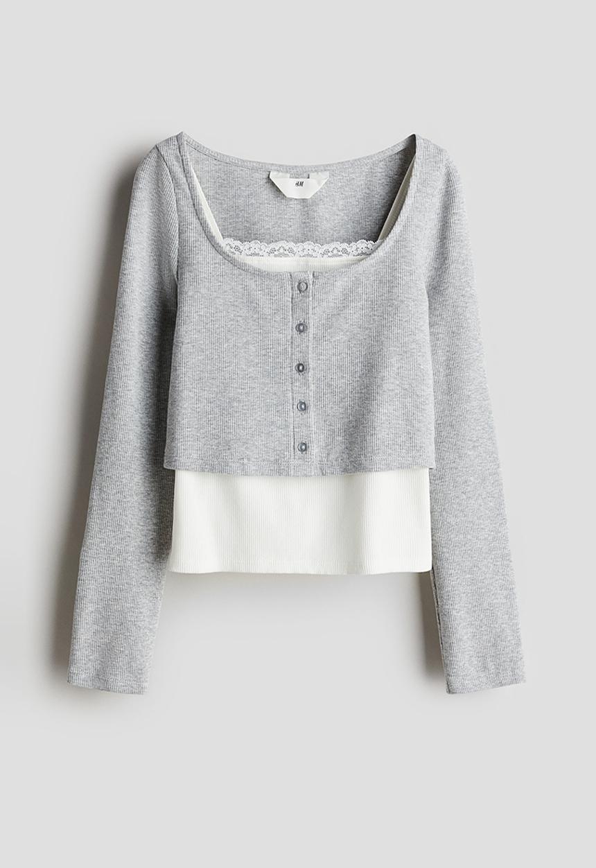 H&M - 2-Piece cardigan and top set - light grey marl white