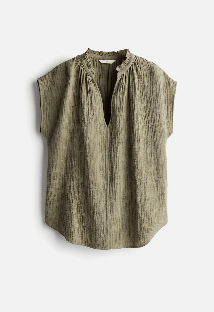 H&M - Frill-trimmed cotton blouse - khaki green