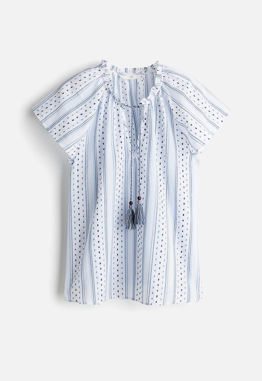 H&M - Drawstring-detail cotton blouse - white & blue striped