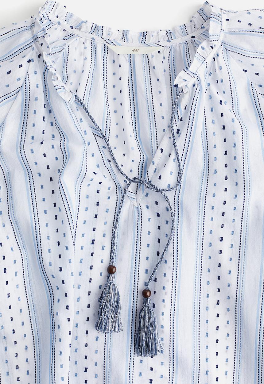 H&M - Drawstring-detail cotton blouse - white & blue striped