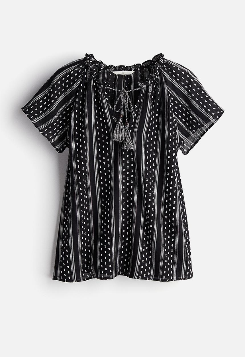 H&M - Drawstring-detail cotton blouse - black/striped