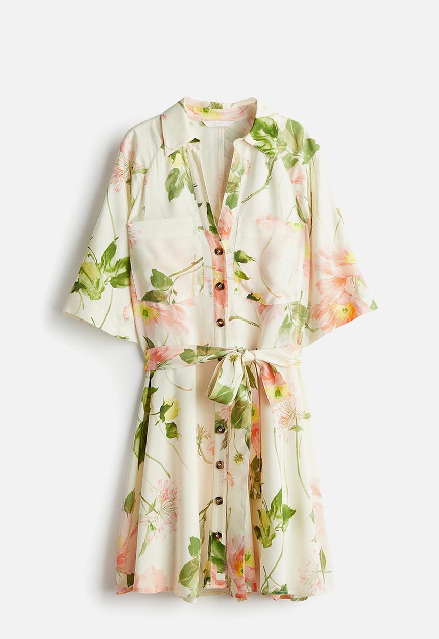 H&M - Tie-belt shirt dress - white,multi