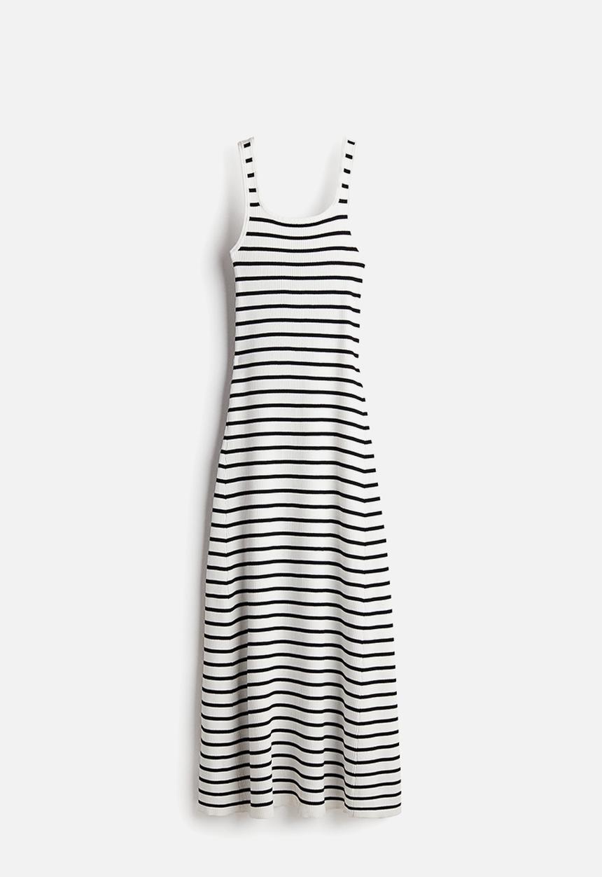 H&M - Flared-skirt rib-knit dress - white/striped