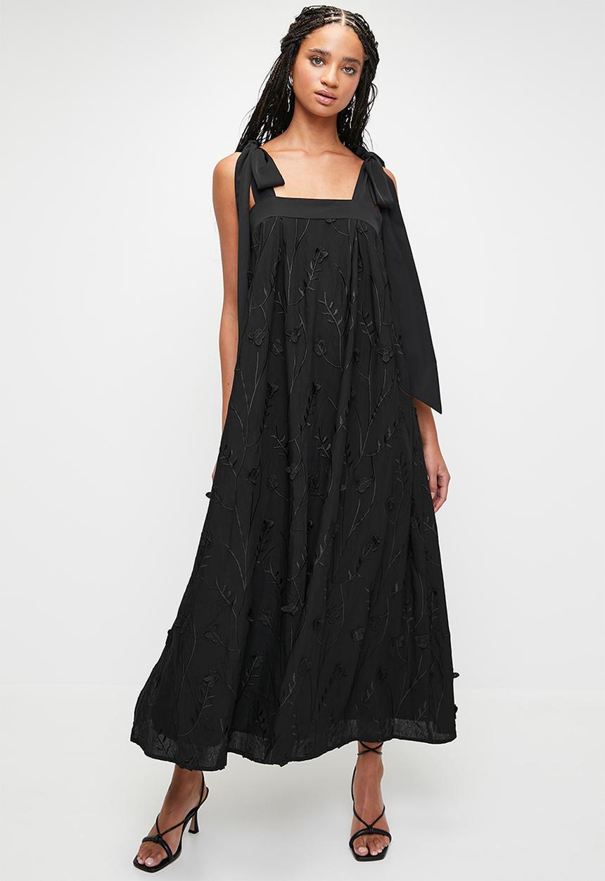 MILLA - Textured midi swing dress with bows - black