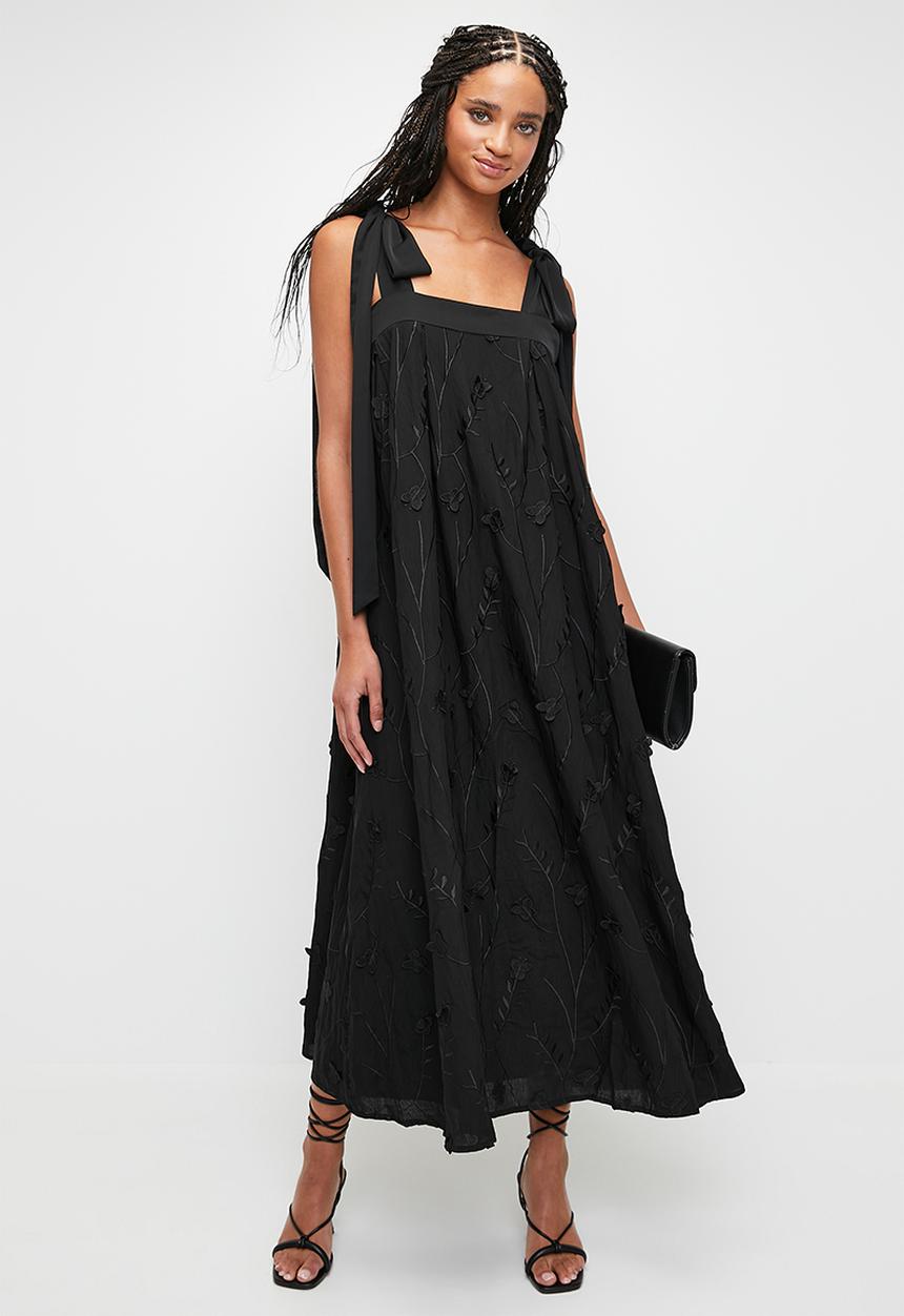 MILLA - Textured midi swing dress with bows - black