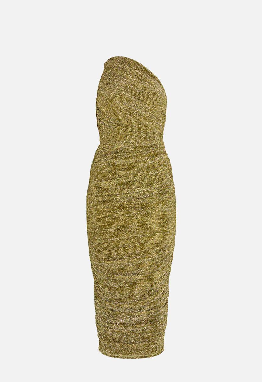 PrettyLittleThing - Glitter Plisse Ruched One Shoulder Midi Dress - Gold