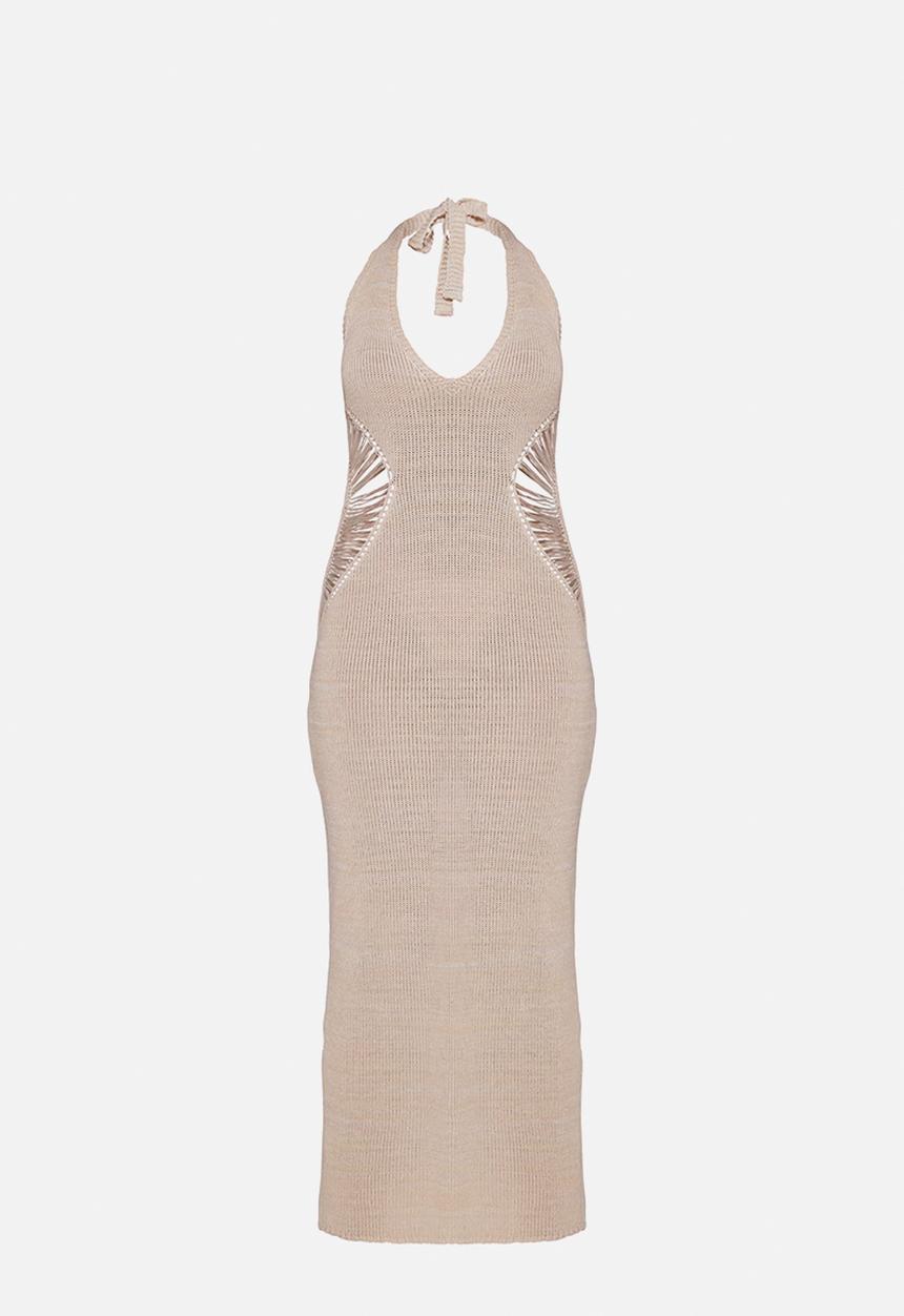 PrettyLittleThing - Knitted Distressed Ladder Cut Out Maxi Dress - Stone