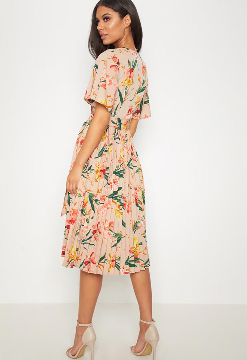 PrettyLittleThing - Pleated Floral Midi Dress - Pink