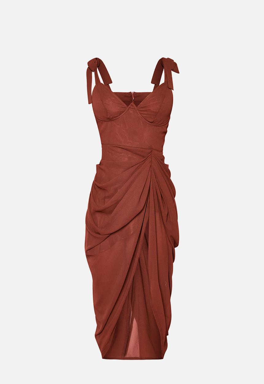 PrettyLittleThing - Underwire Detail Draped Midi Dress - Chocolate