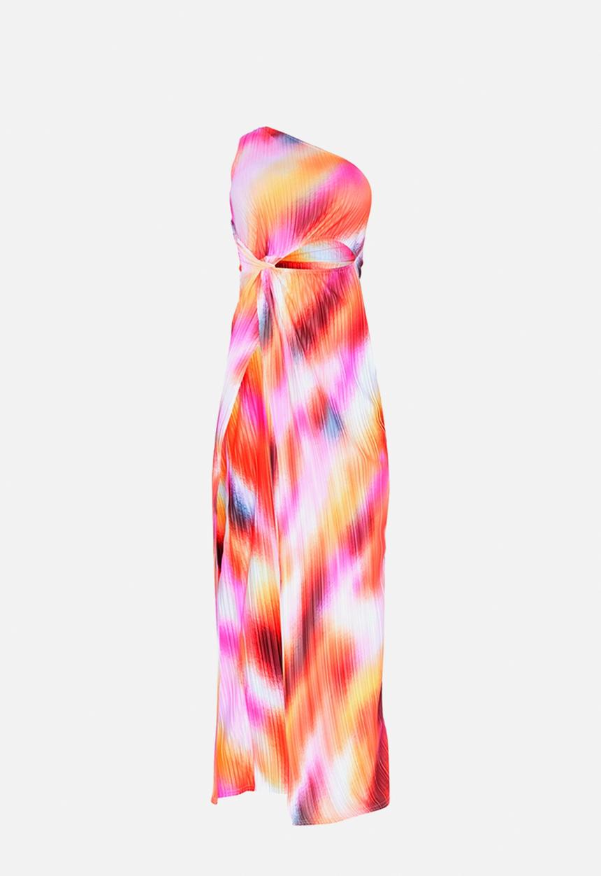 PrettyLittleThing - Abstract Print Plisse Knotted Split Detail Maxi Dress - Pink