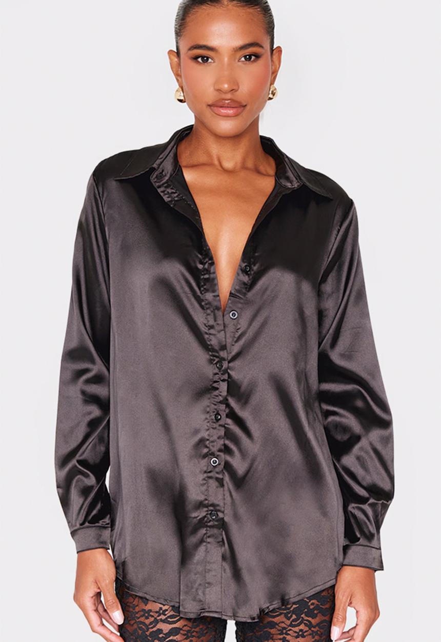 Black Satin Button Front Shirt - Black