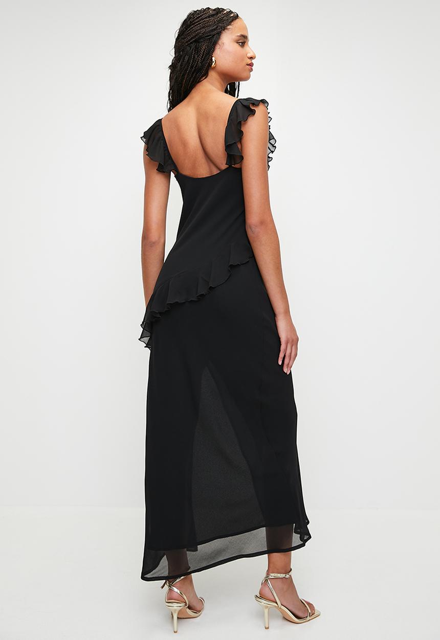 MILLA - Ruffle Maxi with Slit - Black