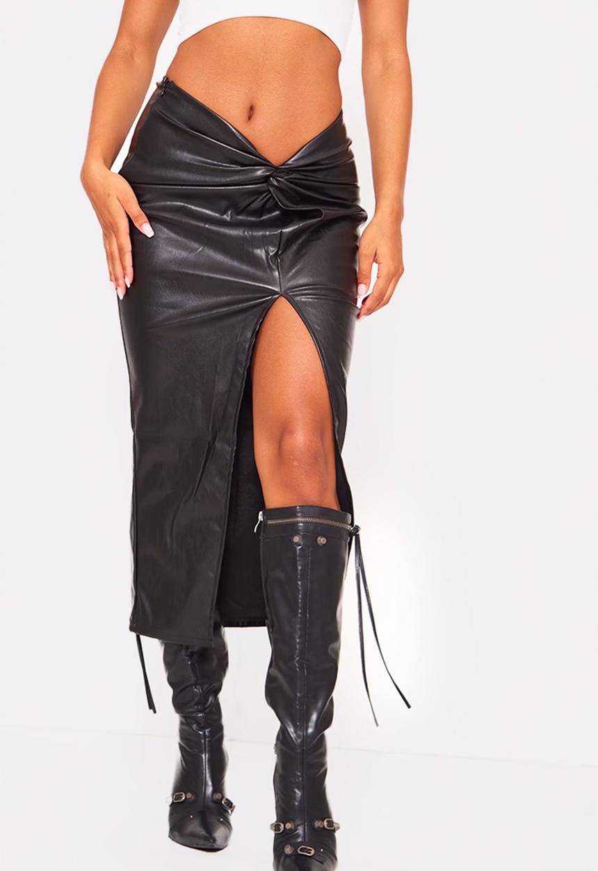 PrettyLittleThing - Faux Leather Twist Detail Front Midi Skirt - Black