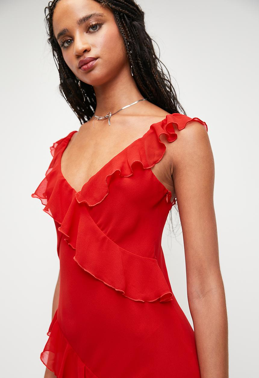 MILLA - Ruffle Maxi with Slit - Oxblood