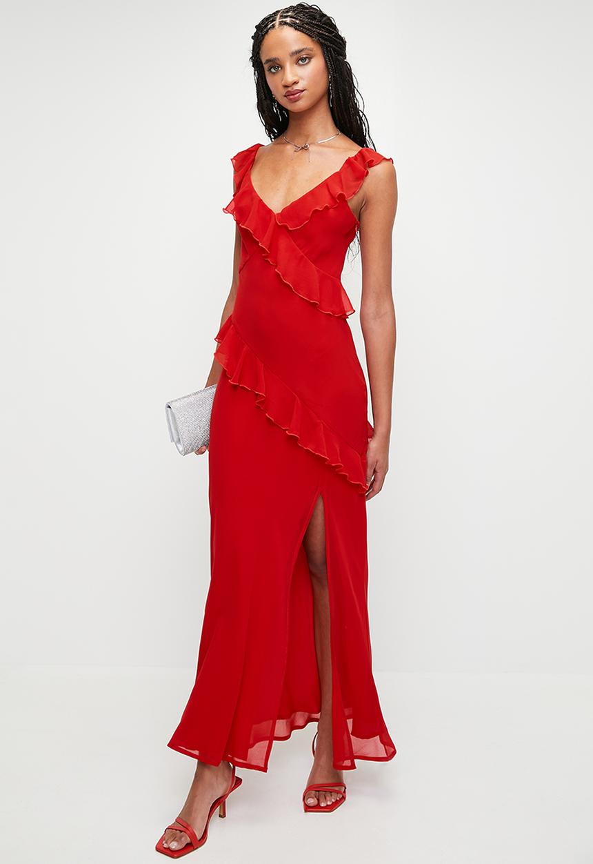 MILLA - Ruffle Maxi with Slit - Oxblood