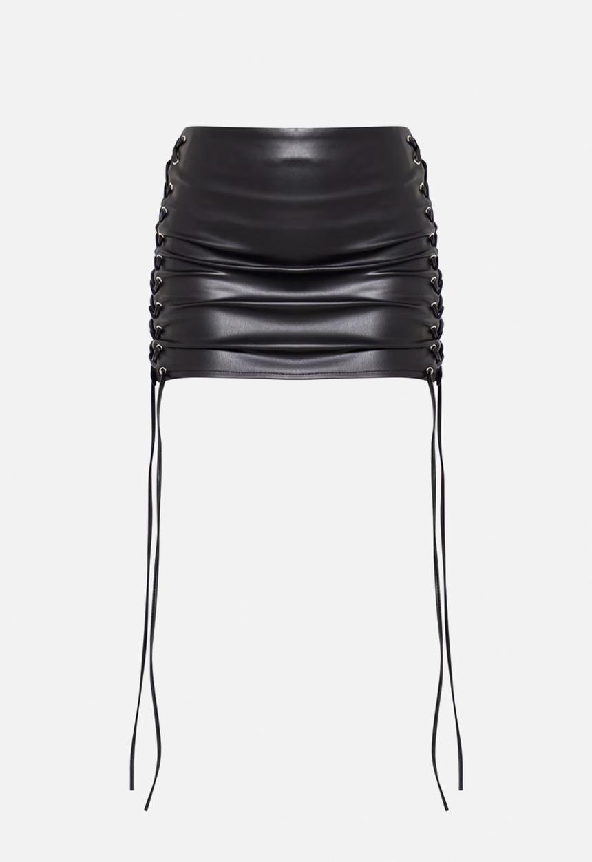 Premium Faux Leather Lace Front Micro Mini Skirt - Black