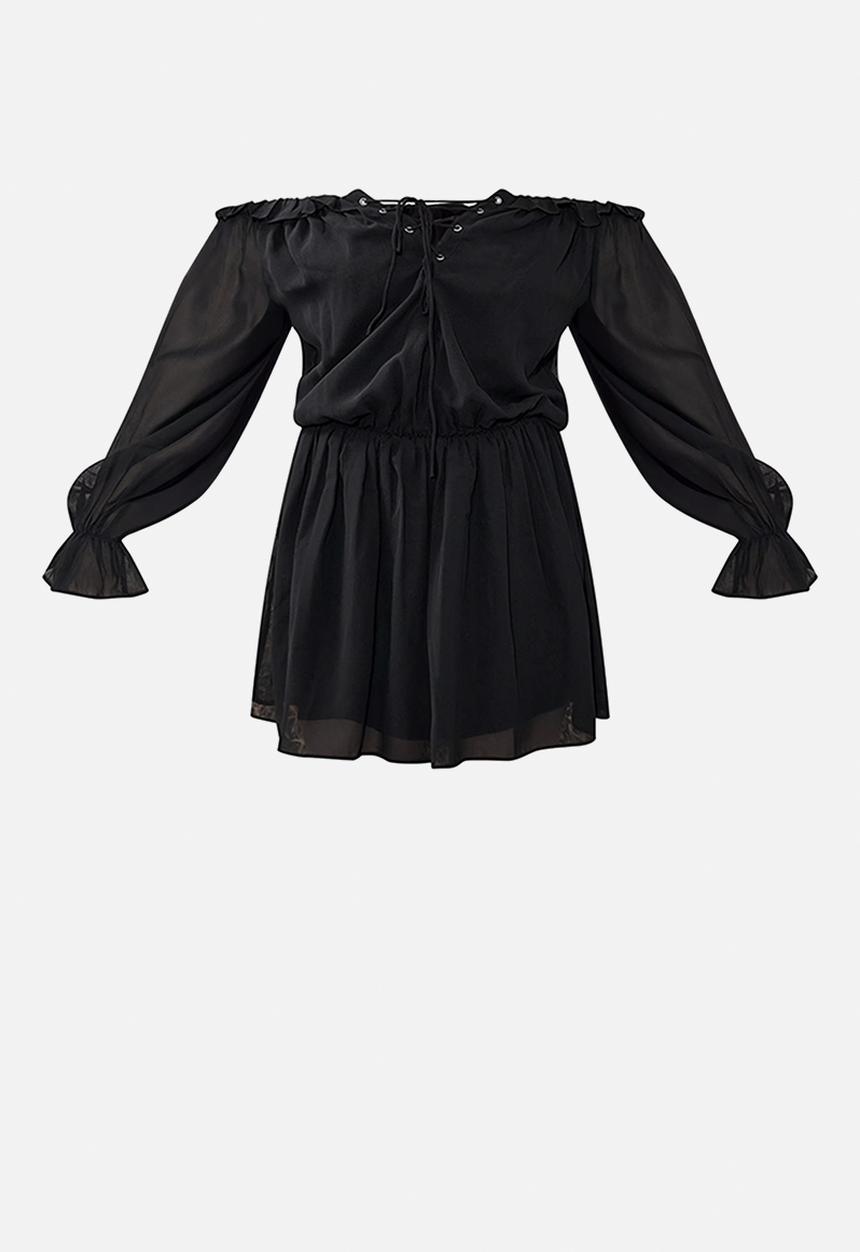 PrettyLittleThing - Chiffon Frill Bardot Shift Dress - Black