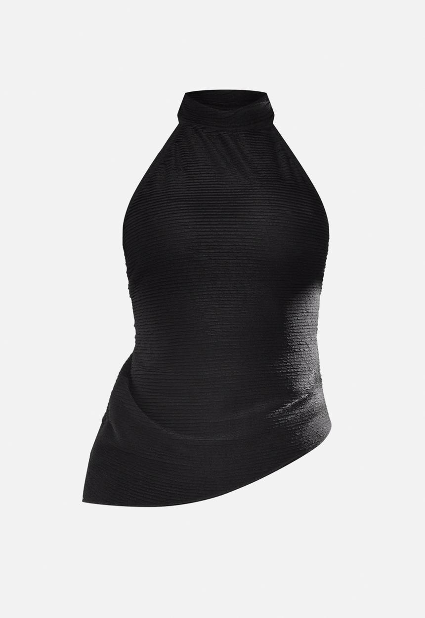 PrettyLittleThing - Textured Jersey Halterneck Asymmetric Hem Longline Top - Black