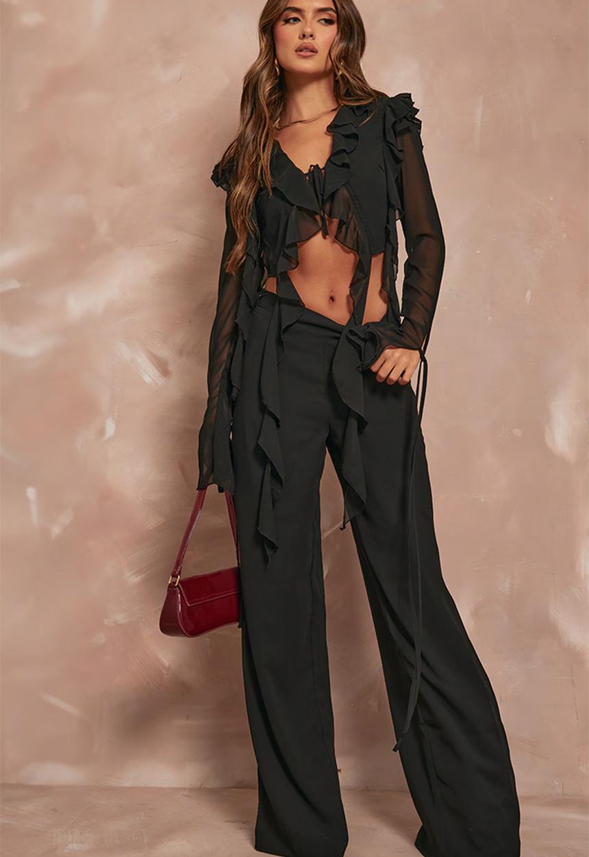 PrettyLittleThing - Chiffon Mid Rise Wide Leg Trousers - Black