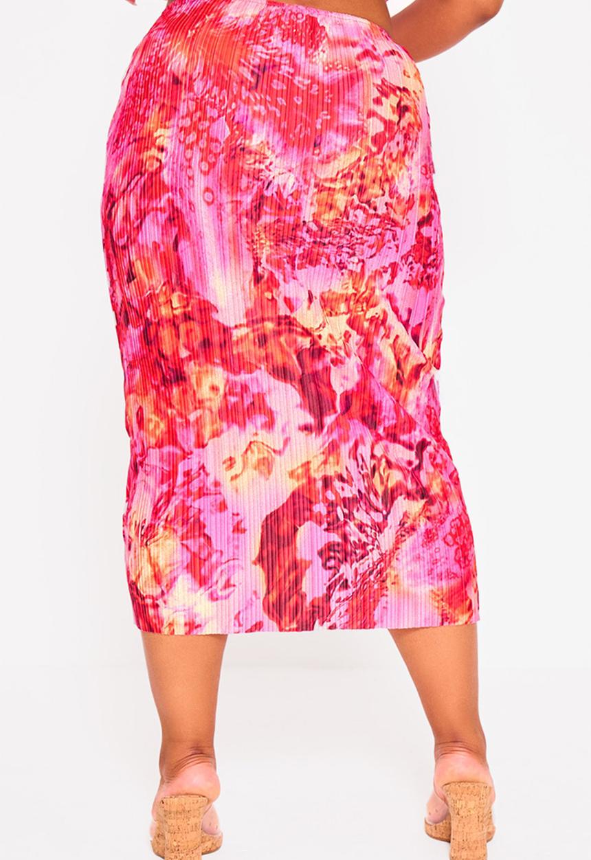 PrettyLittleThing - Plus Plisse Print Midi Skirt - Pink