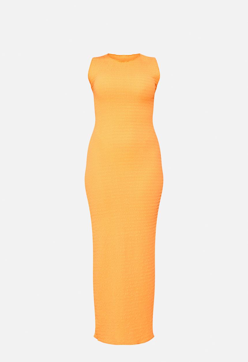 PrettyLittleThing - Textured High Neck Lettuce Hem Midaxi Dress - Bright Orange