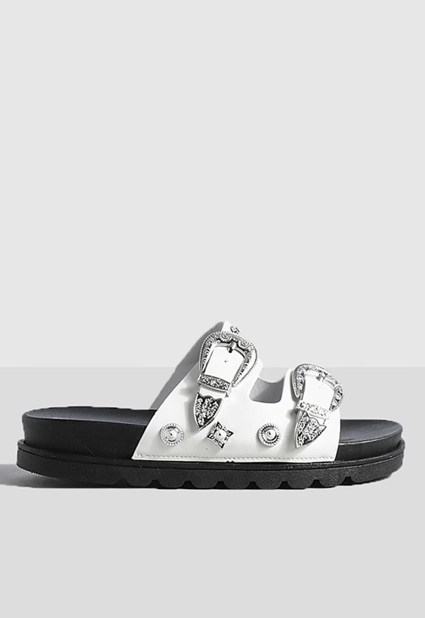 boohoo - Chunky Western Metal Trim Footbed Slider - White