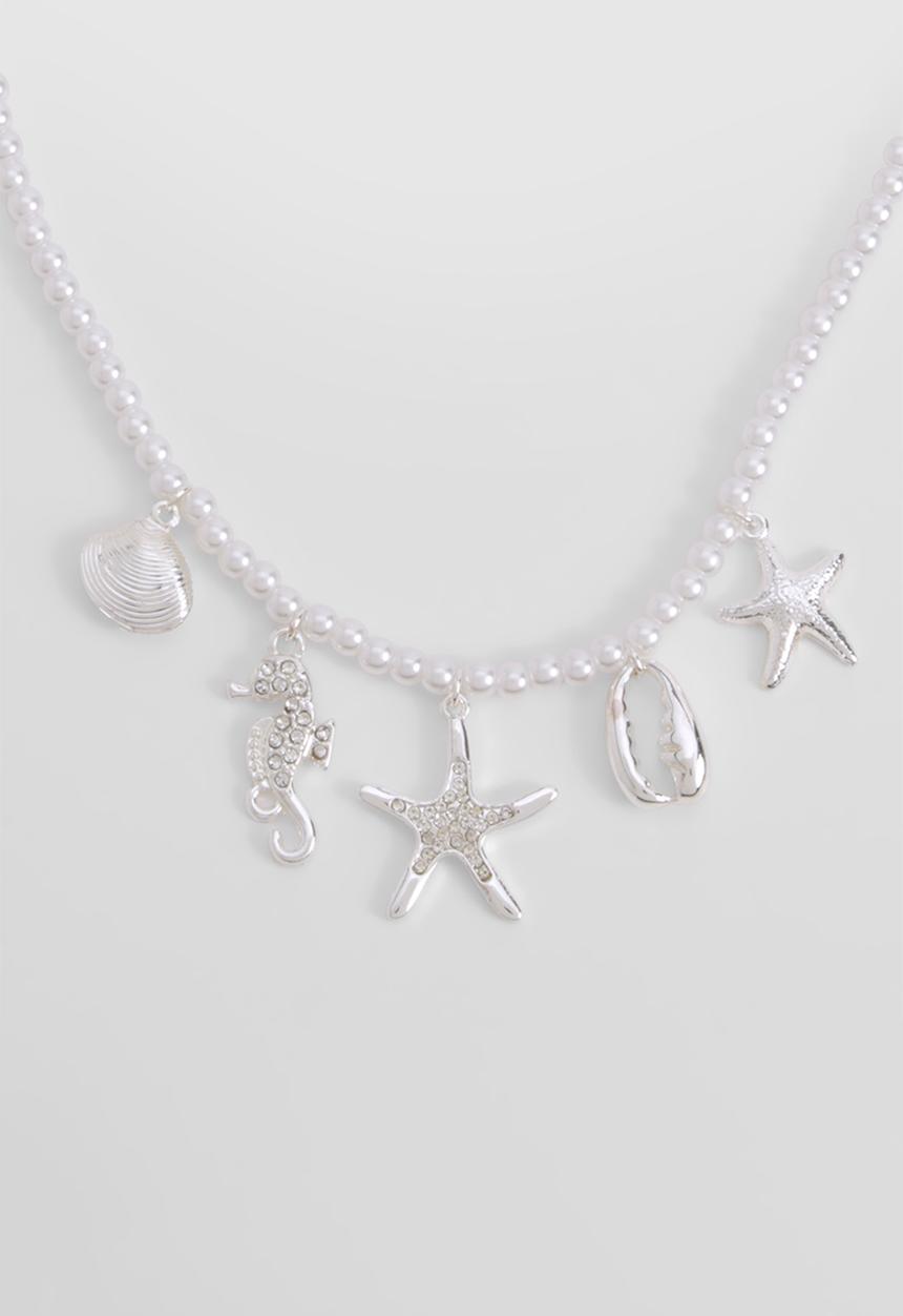 boohoo - Silver Sea Detail Pearl Charm Necklace - white