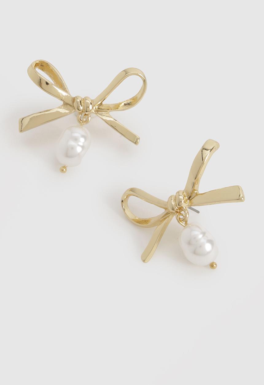 boohoo - Oversized Bow Pearl Drop Earrings - gold