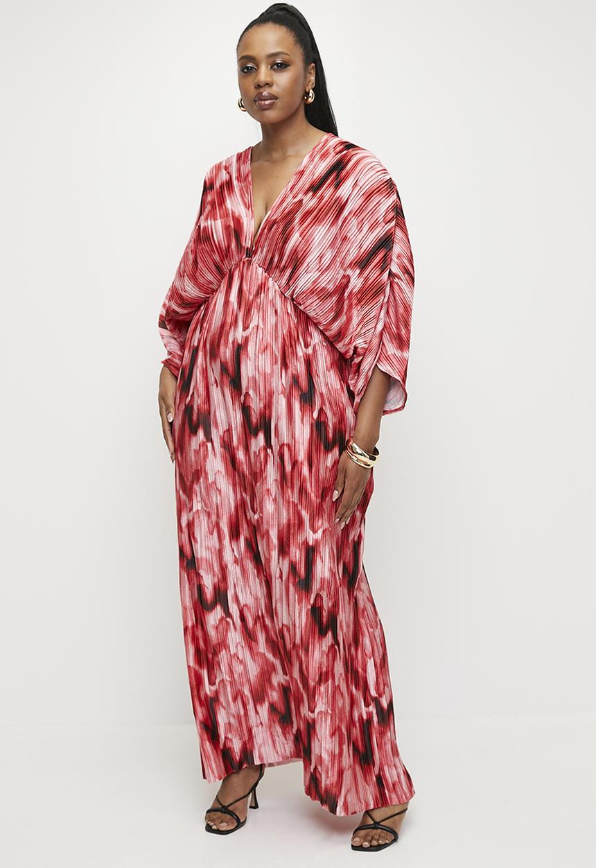VELVET - Dolman sleeve pleated maxi dress - Red Diffusion Watercolour.