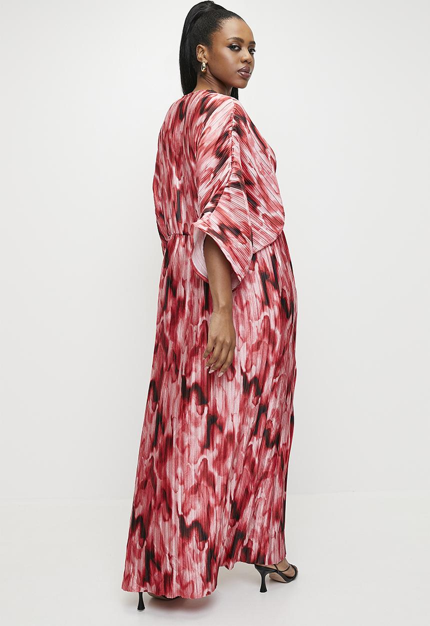 VELVET - Dolman sleeve pleated maxi dress - Red Diffusion Watercolour.