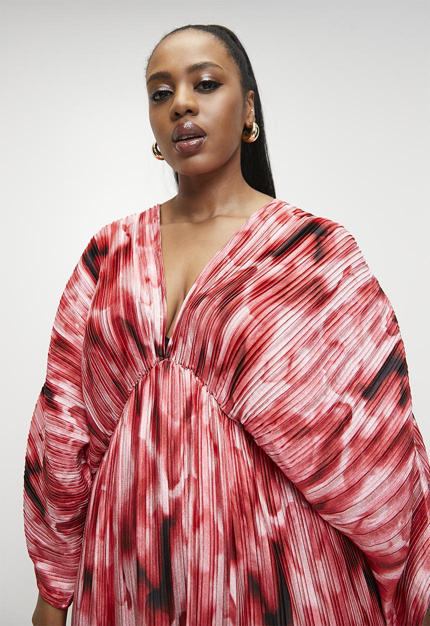 VELVET - Dolman sleeve pleated maxi dress - Red Diffusion Watercolour.