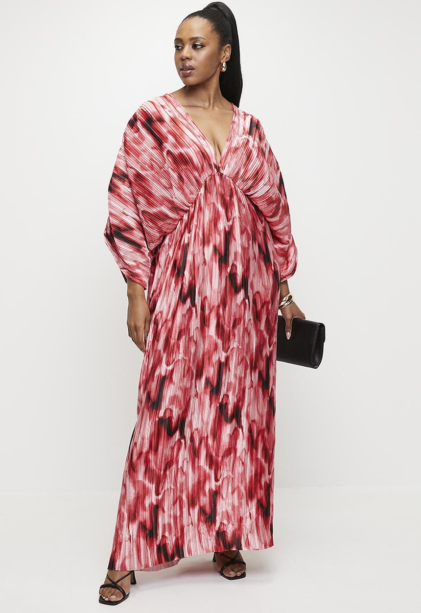 VELVET - Dolman sleeve pleated maxi dress - Red Diffusion Watercolour.