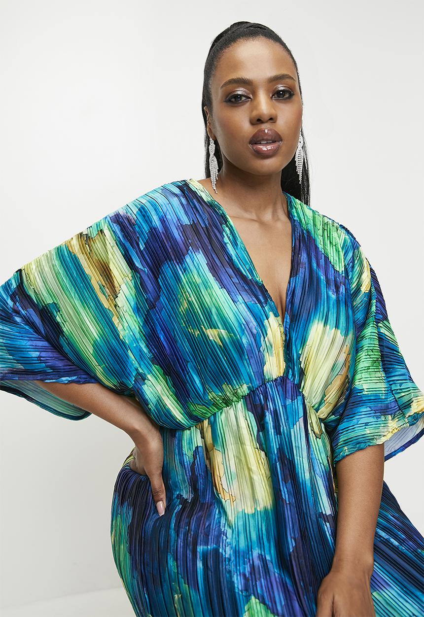 VELVET - Dolman sleeve pleated maxi dress - Azure Blue Watercolour.