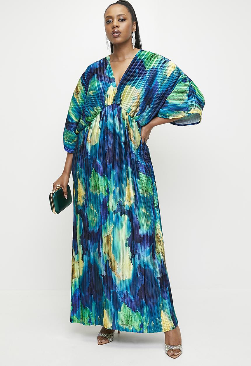 VELVET - Dolman sleeve pleated maxi dress - Azure Blue Watercolour.
