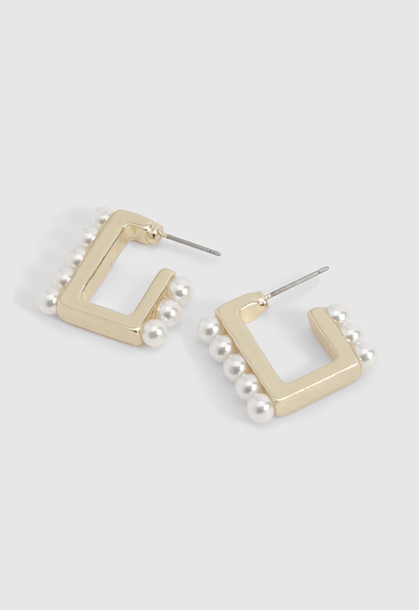 boohoo - Pearl Detail Square Hoop Earrings - gold