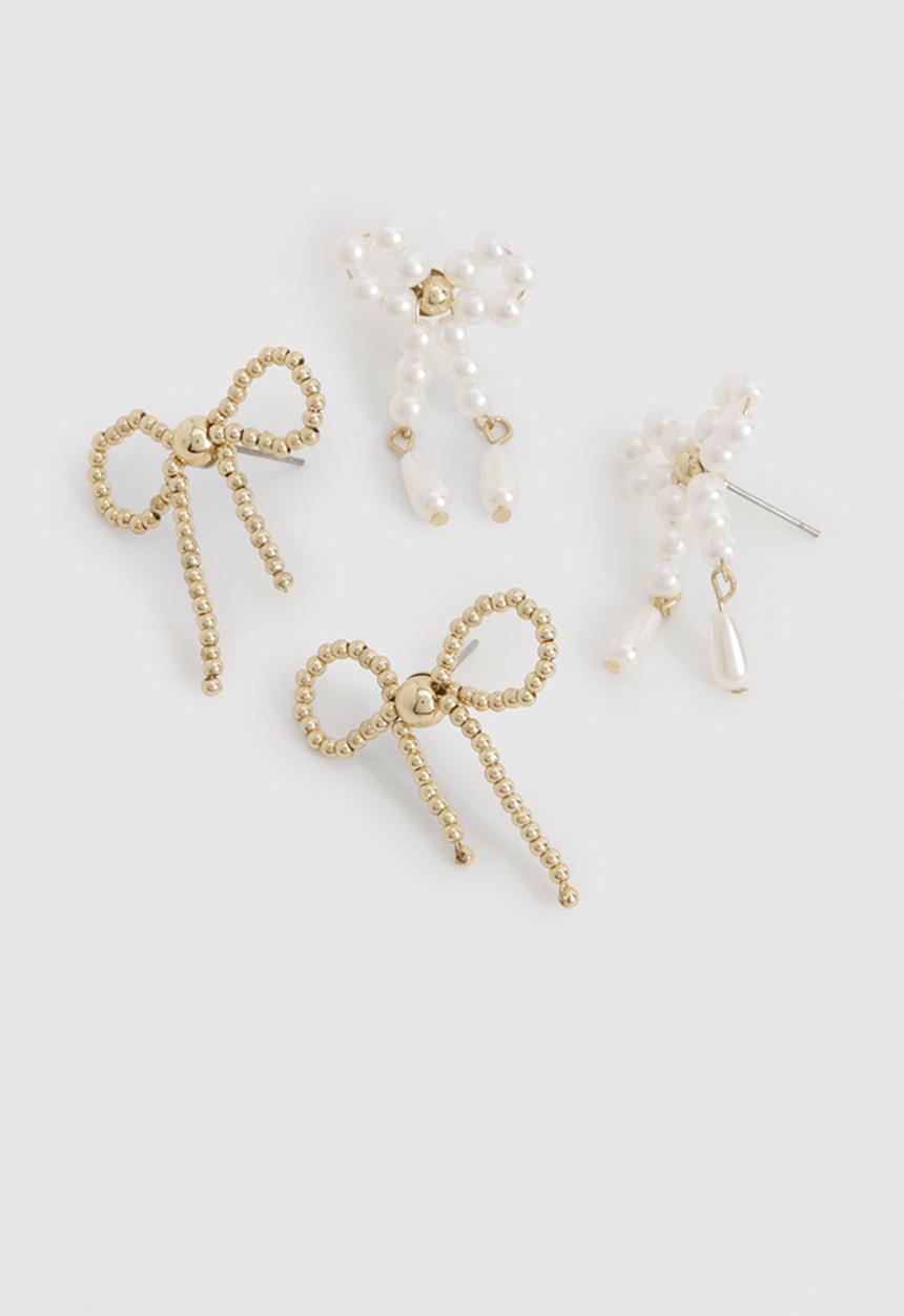 boohoo - Pearl Bow Detail Earrings 2 Pack - gold