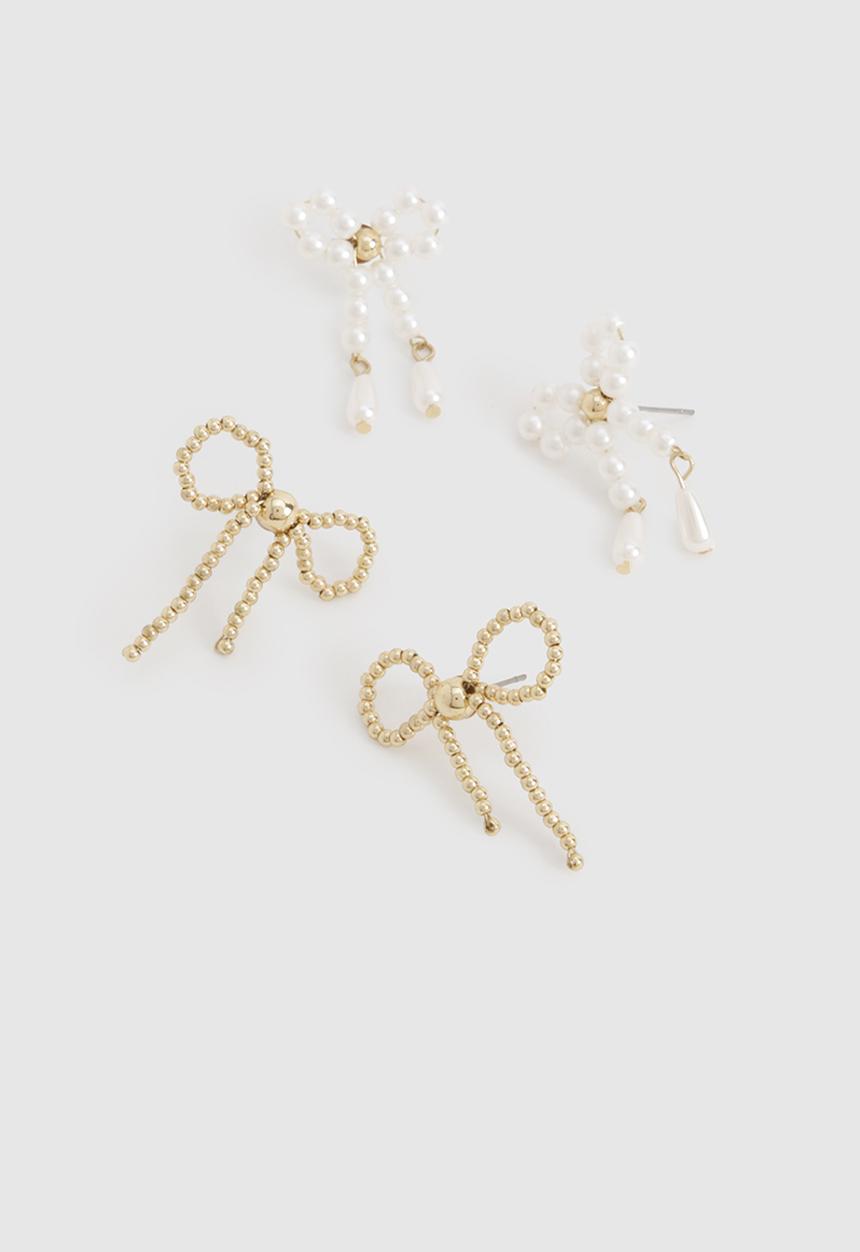 boohoo - Pearl Bow Detail Earrings 2 Pack - gold