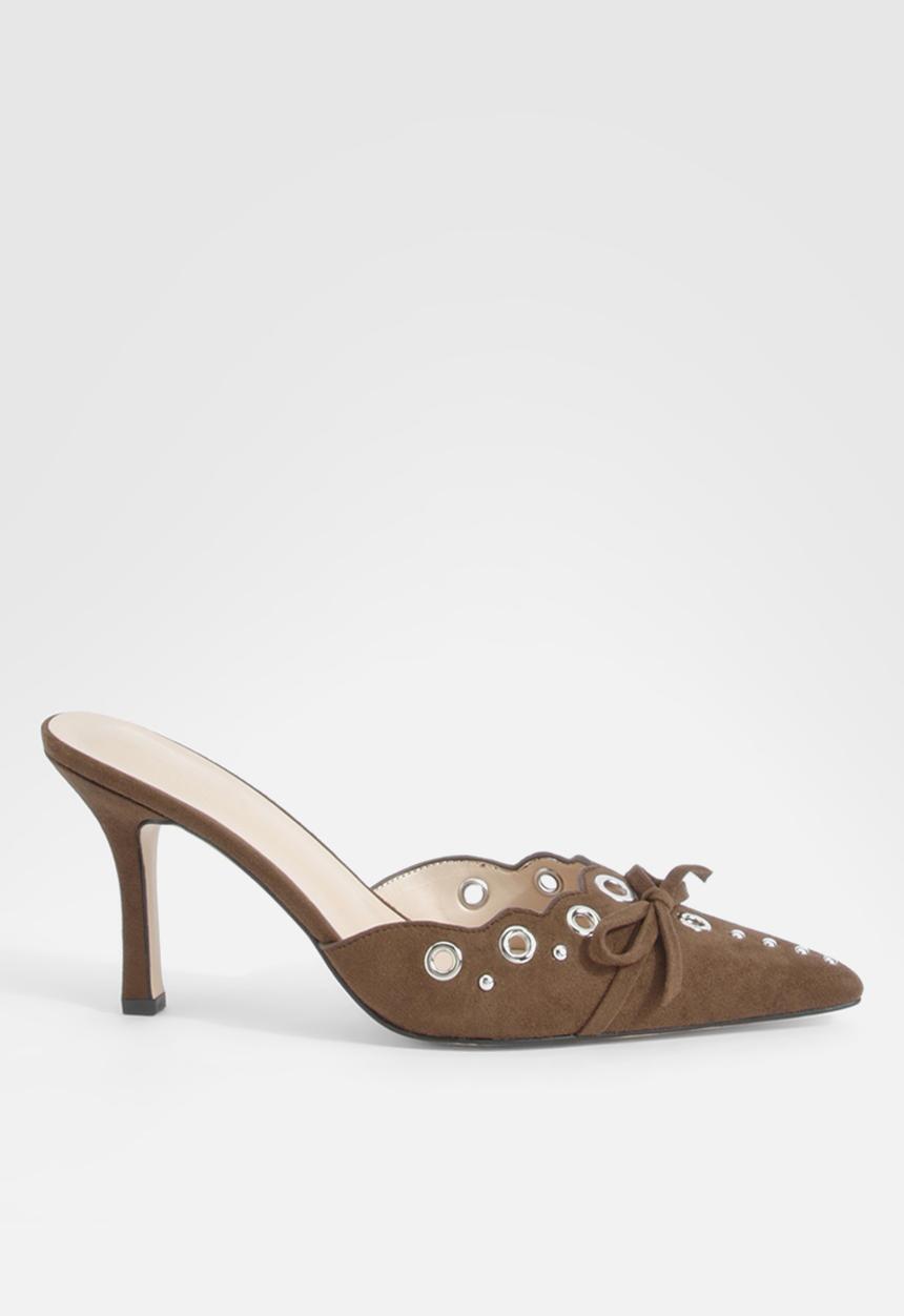 boohoo - Eyelet Bow Backless Court Shoes - chocolate