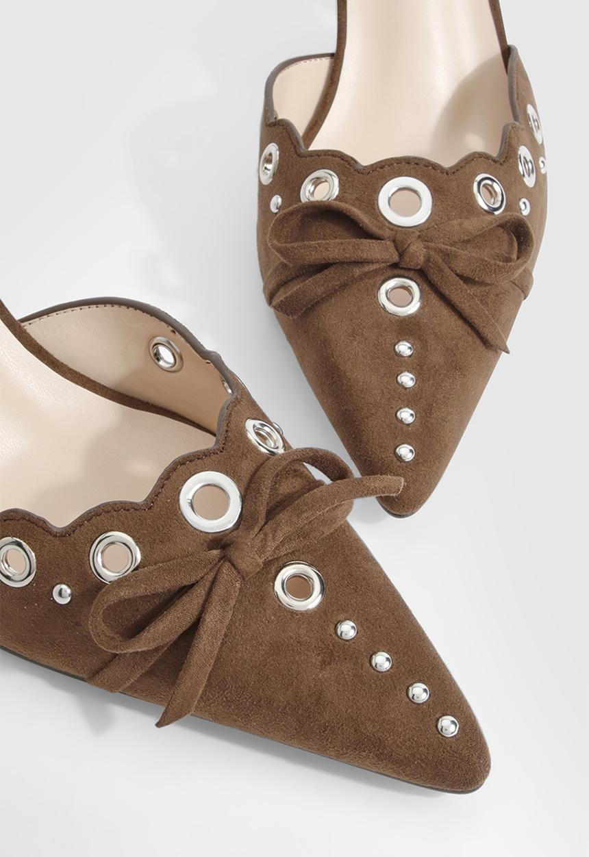boohoo - Eyelet Bow Backless Court Shoes - chocolate