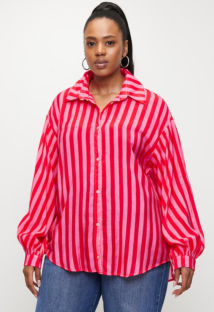 Me&B - Plus The Sheer Bellow Sleeve Shirt  - Red & pink stripe