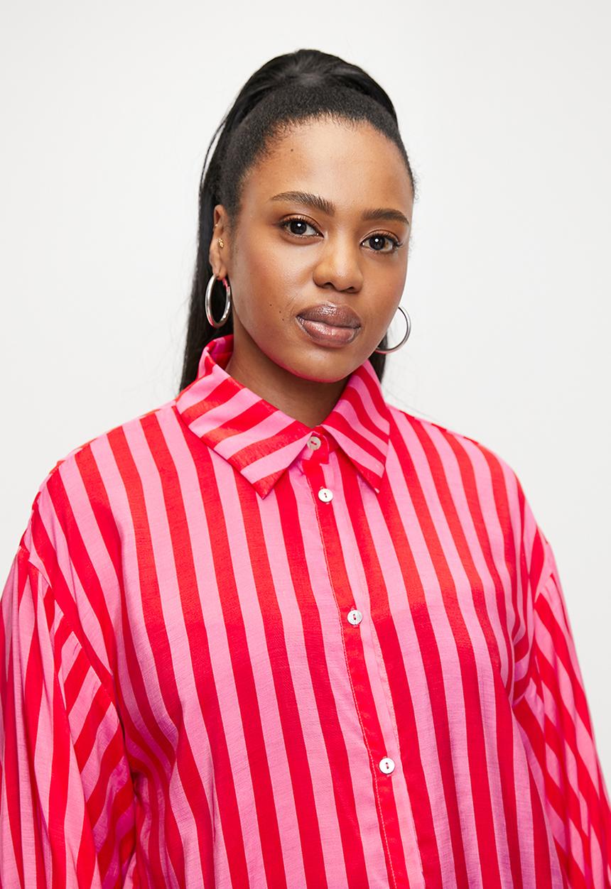 Me&B - Plus The Sheer Bellow Sleeve Shirt  - Red & pink stripe