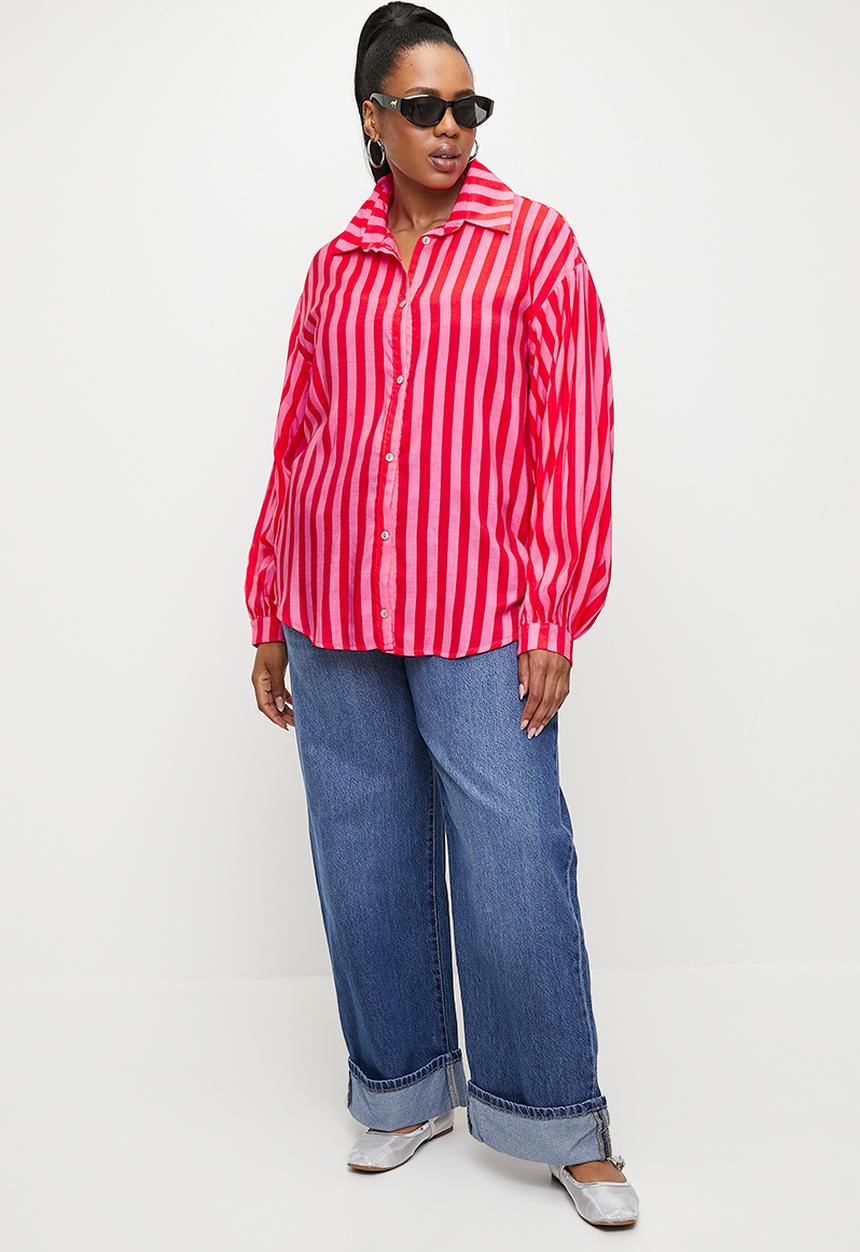 Me&B - Plus The Sheer Bellow Sleeve Shirt  - Red & pink stripe